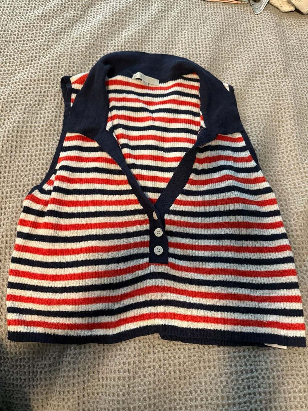 Onia Women's Red White Blue Striped Knit Collared Button-Up Tank Top Size L
